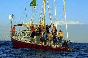 Group shot of crew members of Nuclear Free Pacific Flotilla onboard Tiama